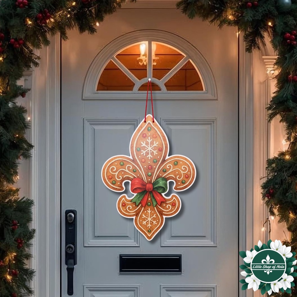 Gingerbread Fleur de Lis Bow Door Hanger New Orleans Art Christmas Holiday Decor
